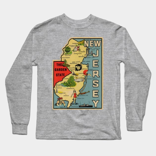 Vintage New Jersey Map Long Sleeve T-Shirt by fearcity